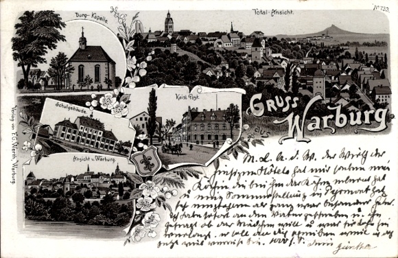 Chromo-Litho Warburg in the district of Höxter, castle chapel, panorama, post office, school
