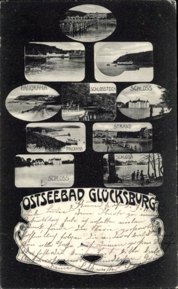 Postcard Glücksburg on the Baltic Sea, panorama, castle pond, castle, beach