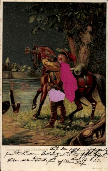 Postcard Bad Säckingen am Hochrhein, trumpeter of rider with trumpet, horse, river, trees