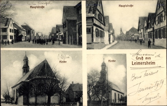 Postcard Leimersheim in der Pfalz, main street, church