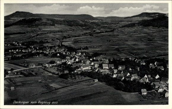 Postcard Denkingen in Württemberg, aerial view of rural surroundings, clouds in the sky