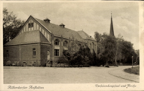 Postcard Hamburg Nord Alsterdorf, Alsterdorfer Anstalten, Assembly Hall and Church