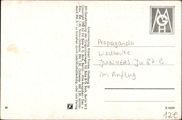 Song Postcard The steel wings flash, H. Anacker, Herms Niel, Junkers Ju 87 B fighter plane