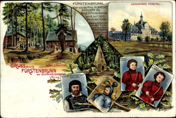 Artist Chromo-Litho Spindler, E., Waschleithe Grünhain Beierfeld in the Ore Mountains, Köhlerhütte Fürstenbrunn