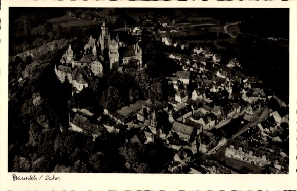Postcard Braunfels an der Lahn, aerial view of castle architecture, black and white photograph...