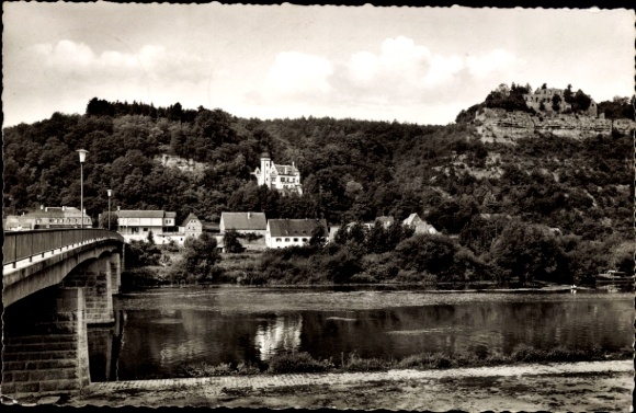 Postcard Karlburg Karlstadt am Main Lower Franconia, view of Karlsburg, river, bridge, houses, trees