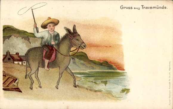 Artist Chromo-Litho Travemünde Lübeck, boy riding on a donkey on the beach