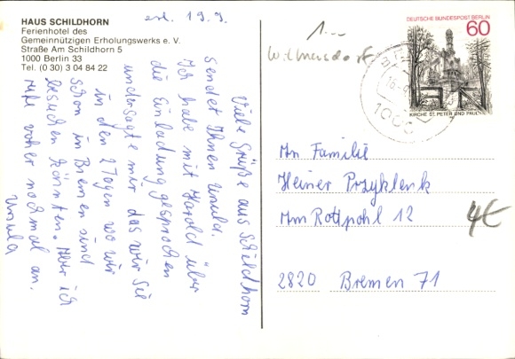 Postcard Berlin Wilmersdorf Grunewald Schildhorn, Haus Schildhorn, holiday hotel
