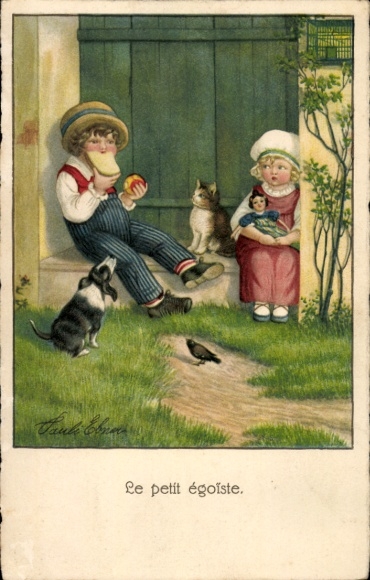 Künstler Litho Ebner, Pauli, Le petit egoiste, Kinder, Puppe, Katze, Hund