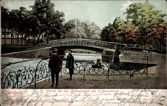 Postcard Hamburg Nord Hohenfelde, Schwanenwik, swimming pool, bridge
