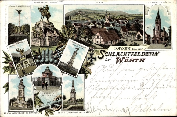 Chromo-Litho Wœrth Wörth an der Sauer Alsace Bas Rhin, salute from the battlefields, monuments