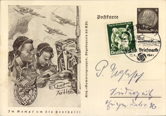 Postal stationery artist PC by Axster Heudtlaß, W., In the fight for freedom, Wehrmacht, radio operator