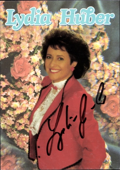 Postcard singer Lydia Huber, portrait, autograph