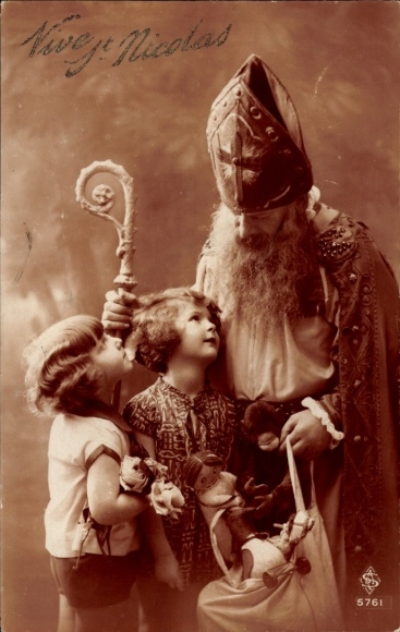 Postcard St. Nicholas with gifts, children, stuffed animals