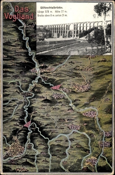 Landkarten Ak Mylau Reichenbach im Vogtland, Göltzschtalbrücke, Reichenbach, Lengenfeld, Plauen