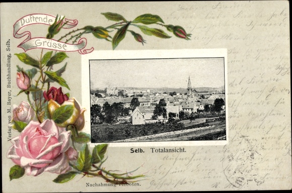 Passepartout-ansichtkaart in reliëf Selb in het Fichtelgebirge Oberfranken, algemeen beeld, rozen