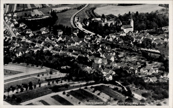 Postcard Gondelsheim Weinsheim in the Eifel, aerial photograph, houses, church, tracks, landscape, 1943