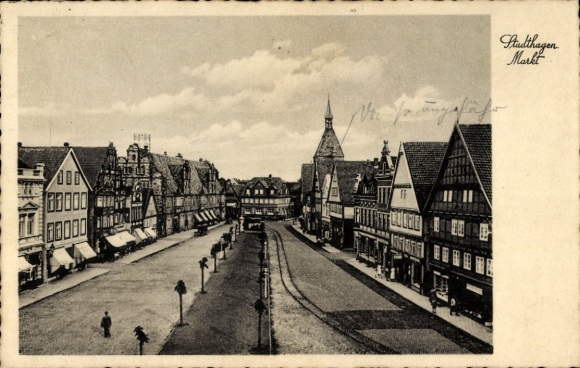Postcard Stadthagen in Lower Saxony, market square with old buildings, people on the street, clouds on