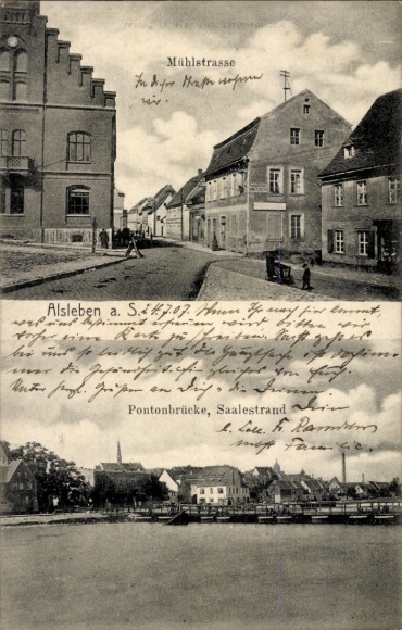 Ak Alsleben an der Saale, Mühlstraße, pontonbrug, Saale-strand, architectuur