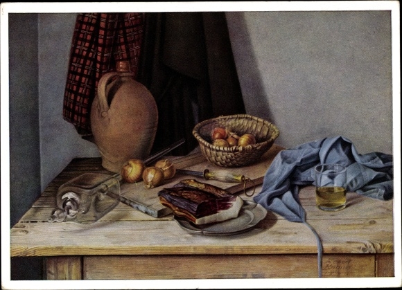Artist Postcard Knaus, Robert, still life, table, ham, onions, jug, HDK 12