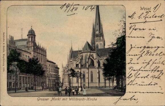Ak Wesel am Niederrhein, Grosser Markt, Willibrordi-Kirche, Menschen auf der Straße