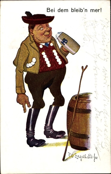 Artist PC Engelhard, POE, When we stay, man in Bavarian costume with a beer mug