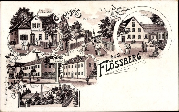 Chromo-Litho Flößberg Frohburg in Saxony, Dennhardt's Restoration, manor, inn, village street