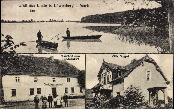 Postcard Linde in the Mark Löwenberger Land, lake, Gasthof zum Lindenwirt, Villa Vogel