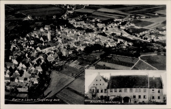 Postcard Rain am Lech in Swabia, aerial photograph, Labor Service Department 4/133