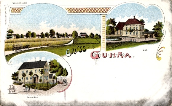 litho Guhra Puschwitz in Oberlausitz, gedeeltelijk uitzicht, landgoed, eigendom
