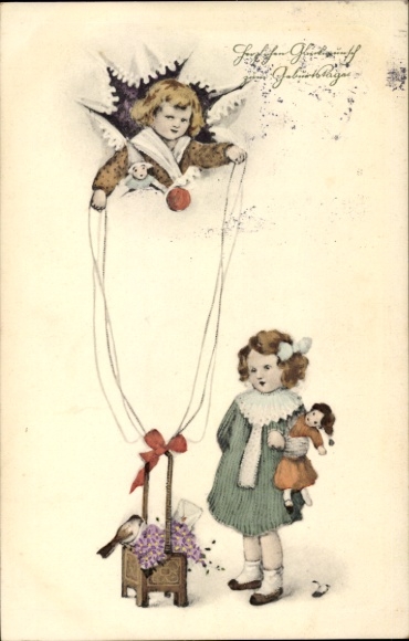 Postcard Hamburg Nord Barmbek, angel holding balloon, girl watching