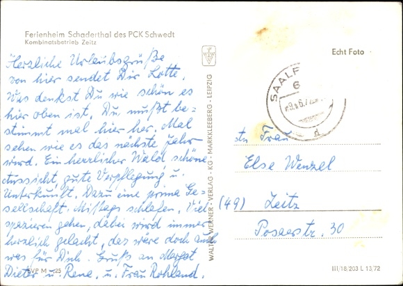 Postcard Schaderthal Probstzella in Thuringia, holiday home PCK Schwedt, Kombinatsbetrieb Zeitz