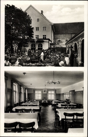 KP Weihenstephan Freising w Górnej Bawarii, Bräustüberl, goście w ogrodzie, hol