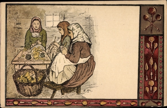 Artist Postcard Three women in Russian costumes doing handwork, embroidering