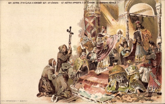 Postal stationery litho St. Astrik brings St. Stephen, royal crown