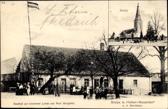 Ak Stolpe Hohen Neuendorf Oberhavel, Kirche, Gasthof zur krummen Linde