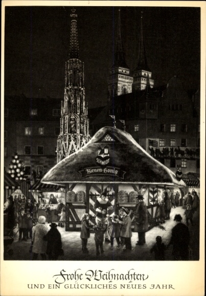 Postcard Nuremberg in Middle Franconia, Christkindles-Markt, St. Sebalduskirche, Schöner Brunnen