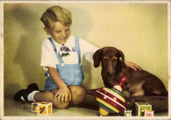 Postcard Boy with Dachshund, Spinning Top, Building Blocks, EAS 9591