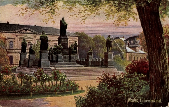 Postcard Worms am Rhein, Luther Monument, statue of Martin Luther, foreground with flowers