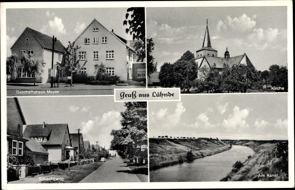 Postcard Lühnde Algermissen Lower Saxony, commercial building Meyer, church, canal, Schachtweg