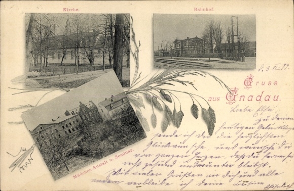 Ak Gnadau Barby Sachsen Anhalt, Kirche, Bahnhof, Mädchenanstalt und Seminar
