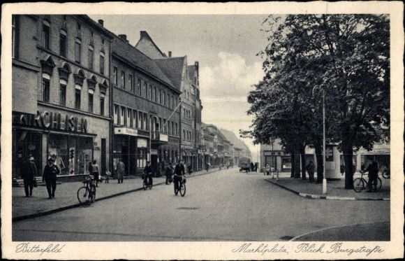 Postcard Bitterfeld in Saxony Anhalt, market square, Burgstraße, shops