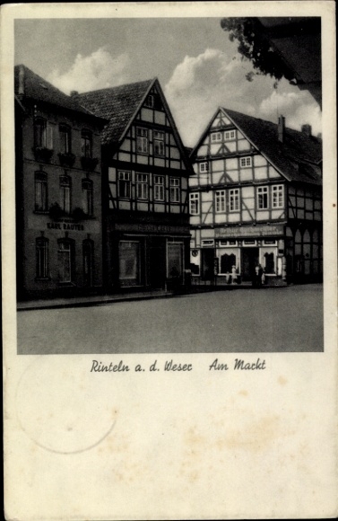 Postcard Rinteln on the Weser, Two old houses, street view, architecture, clouds