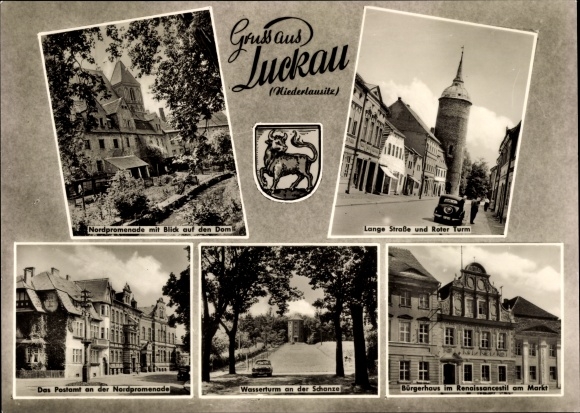KP Luckau na Dolnych Łużycach, północna promenada, katedra, długa ulica, czerwona wieża, poczta, wieża ciśnień