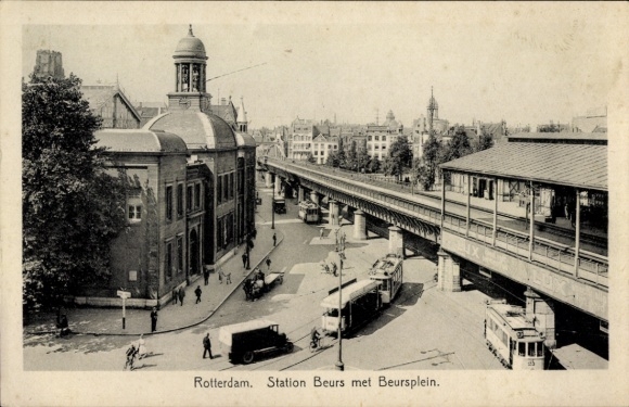 Ak Rotterdam Südholland Niederlande, Stations Beurs met Beursplein, Straßenbahn