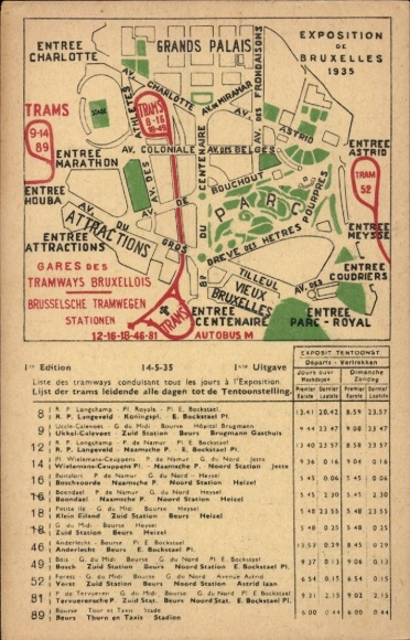 KP z planem miasta Wystawa w Brukseli 1935, Grands Palais, wejście do maratonu, wejście do Houba