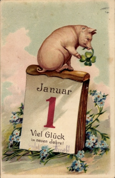 Embossed PC Happy New Year, pig, calendar, cloverleaf
