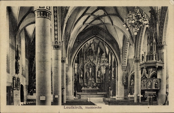 Postcard Leutkirch im Allgäu Württemberg, town church, interior view, Gothic architecture, high columns
