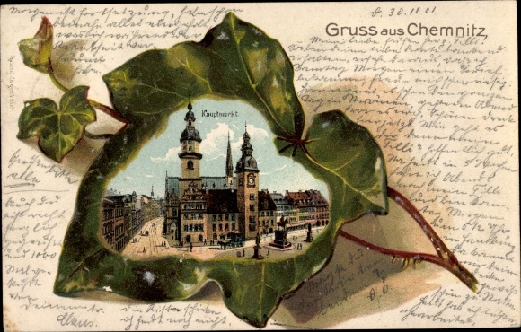 Embossed Ivy Leaf Chromo-Litho Chemnitz Sachsen, Hauptmarkt