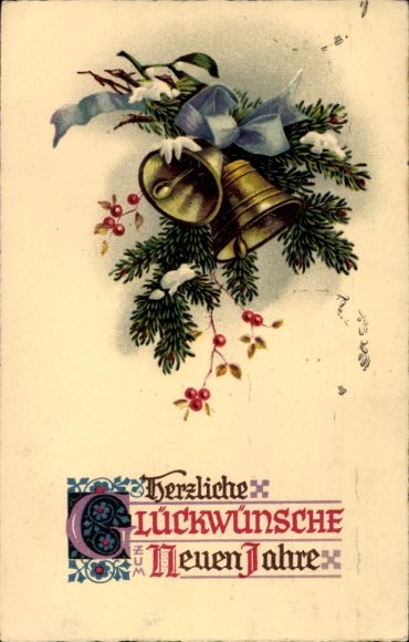 Ak Freiburg im Breisgau, Zwei goldene Glocken mit blauer Schleife, Tannenzweige mit roten Beer...
